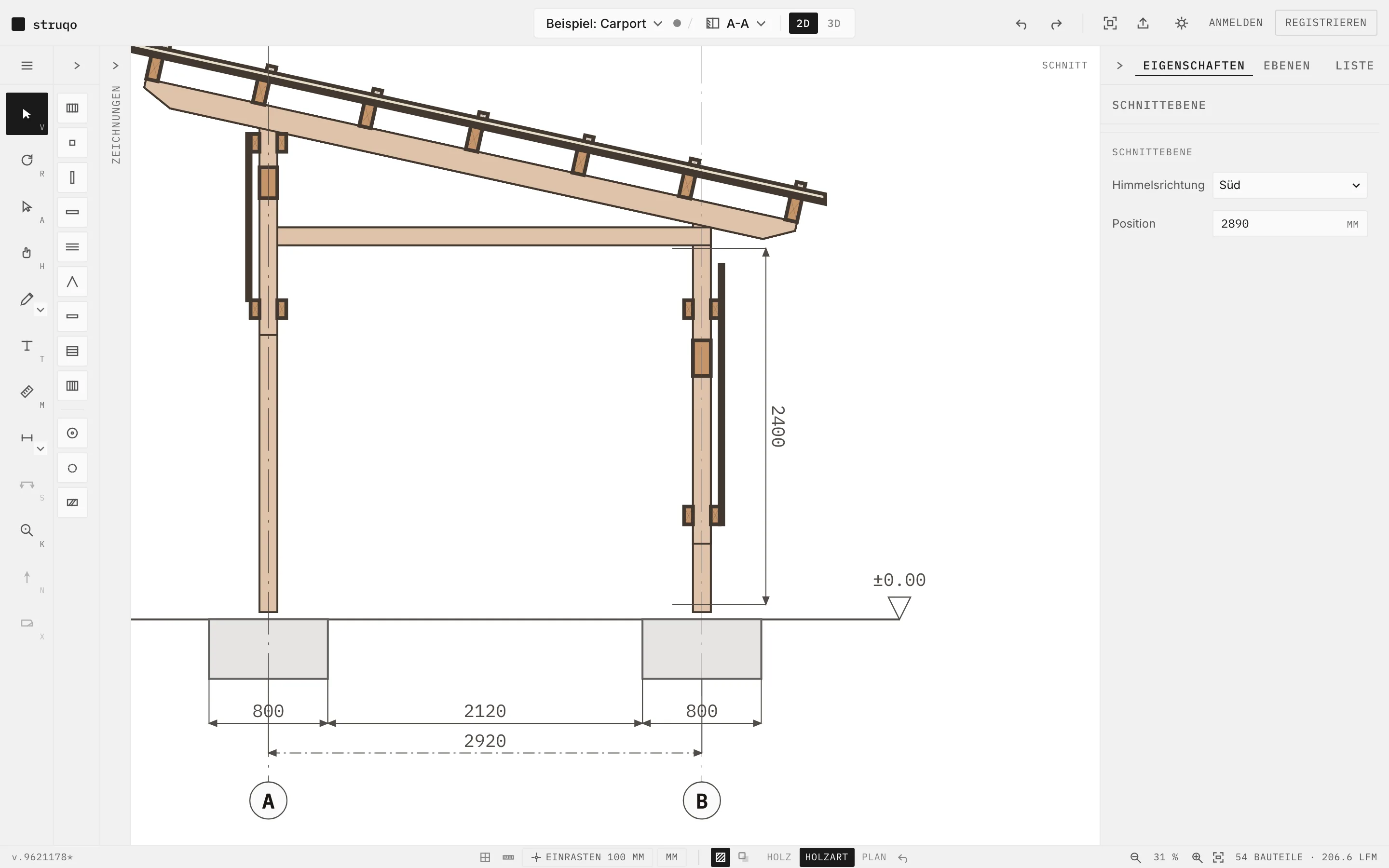 Struqo-Editor, Schnitt A-A des Beispiel-Carports mit Fundamenten, Maßkette und Kote ±0.00