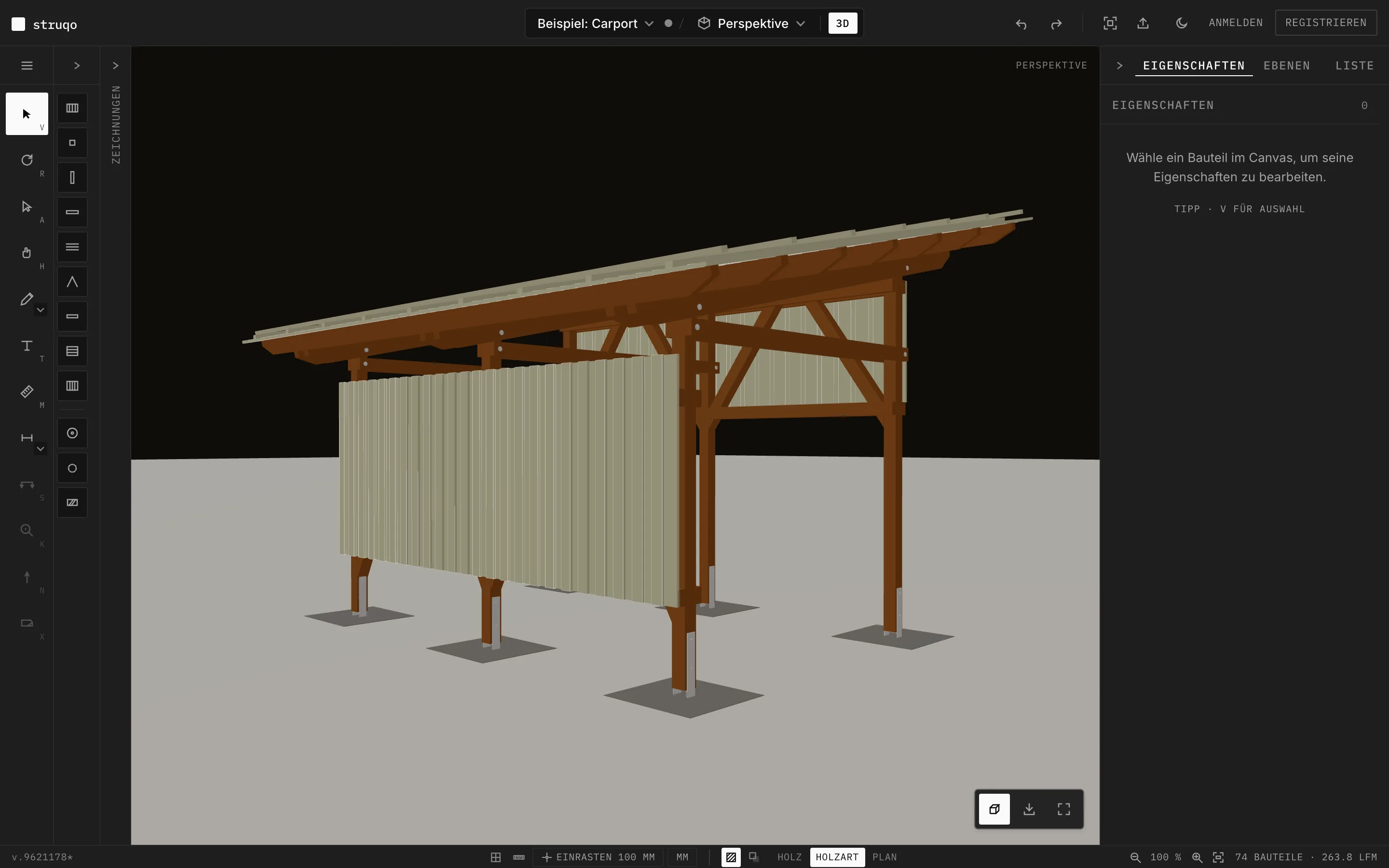Struqo-Editor mit dem Beispiel-Carport in der Perspektive