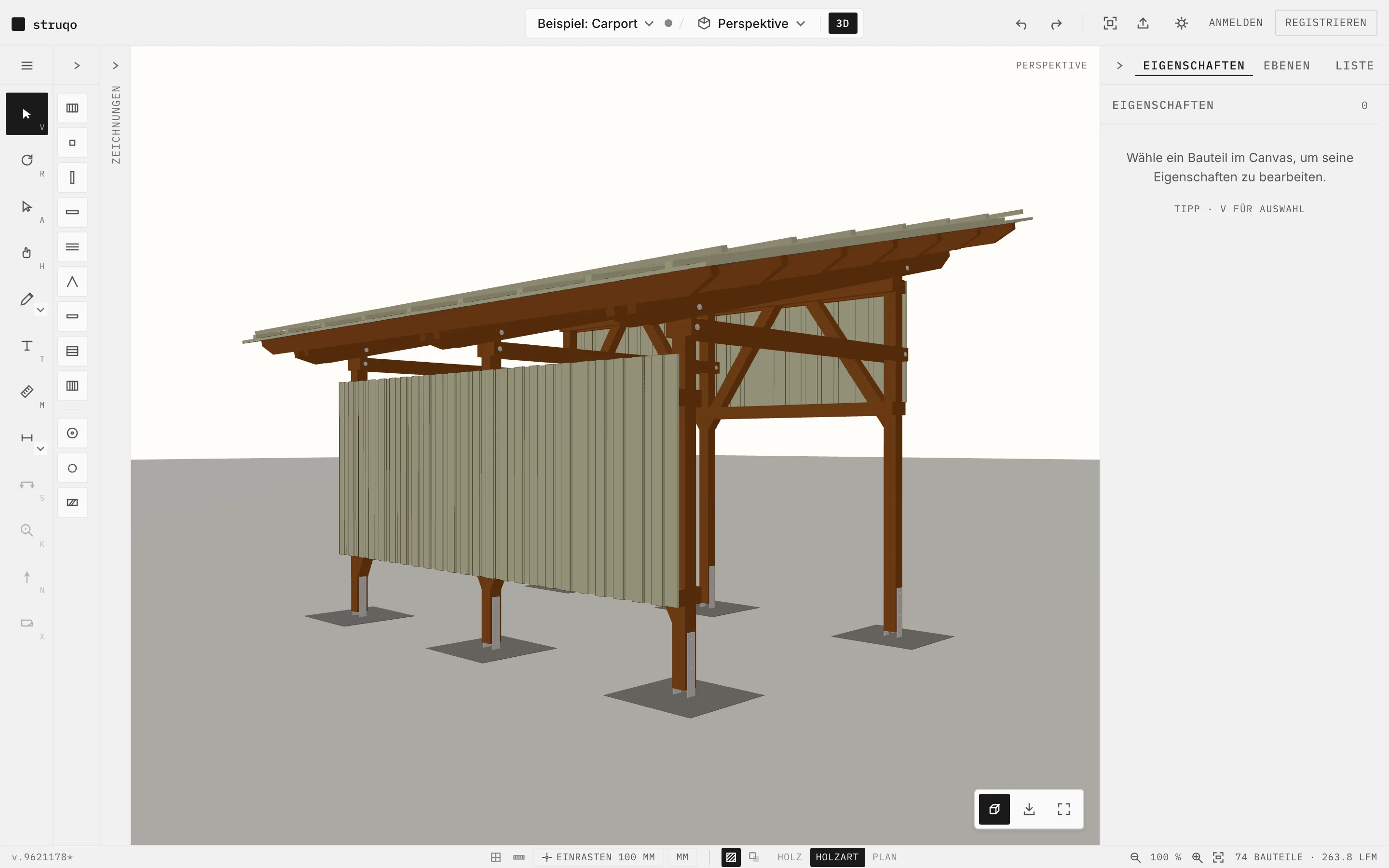 Struqo-Editor mit dem Beispiel-Carport in der Perspektive