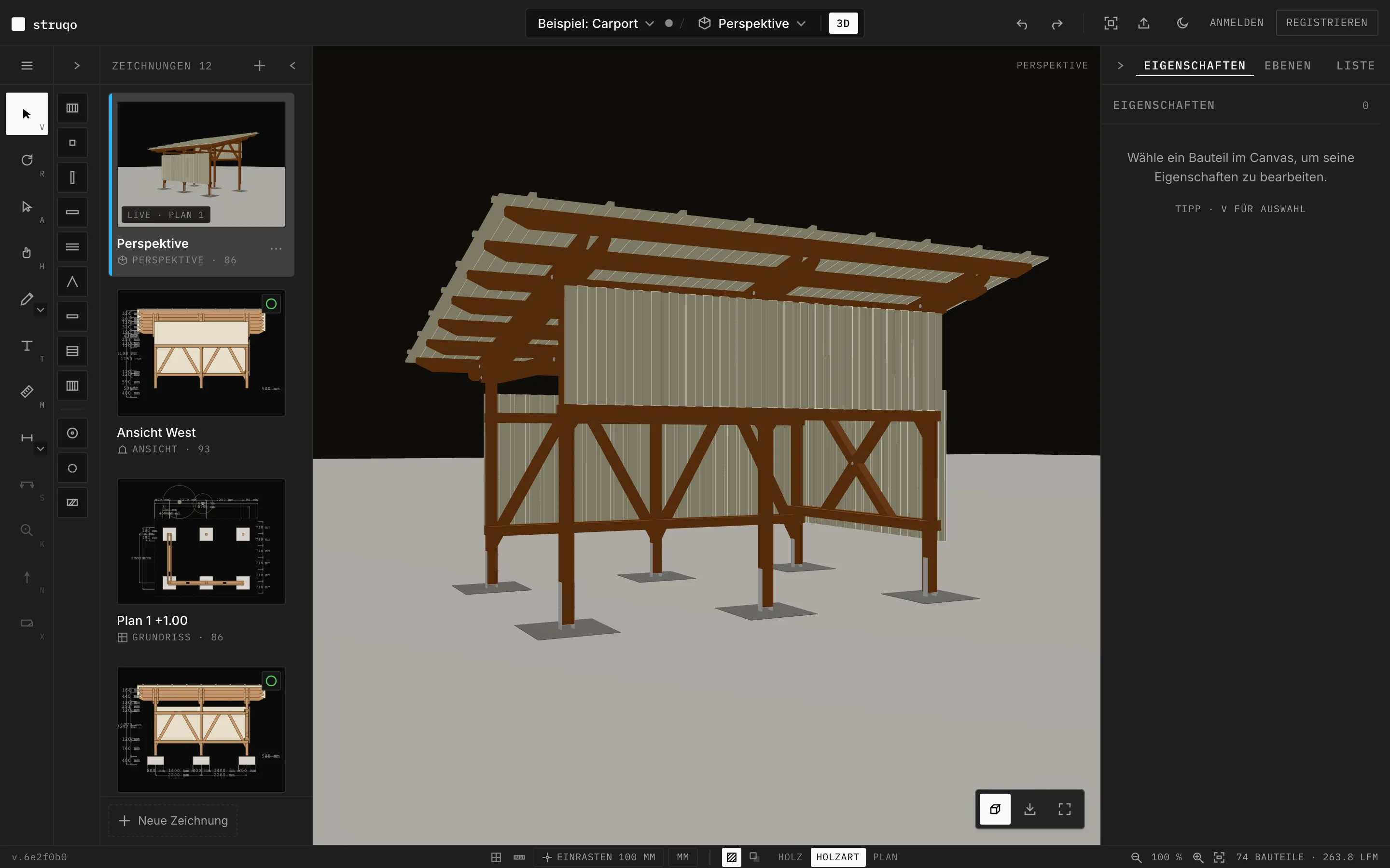 Struqo-Editor, Ansicht Perspektive: der Beispiel-Carport von hinten mit Kopfbändern und Schalung