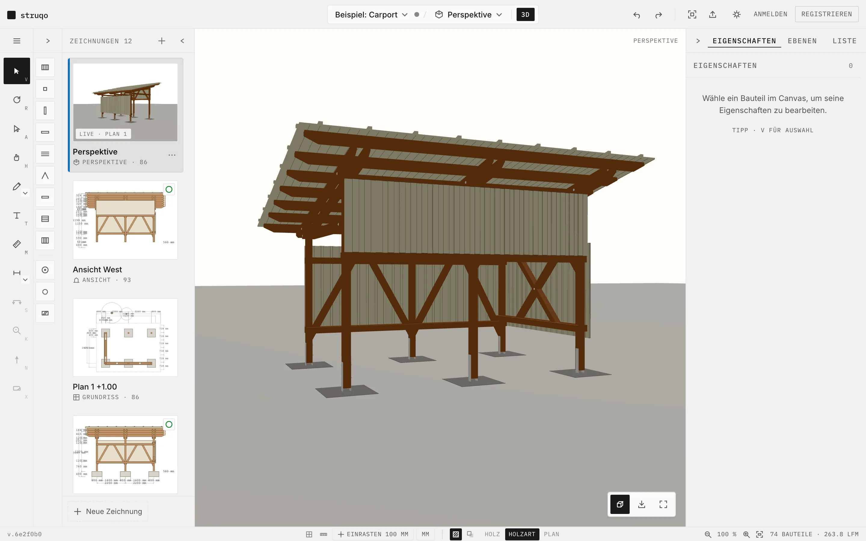 Struqo-Editor, Ansicht Perspektive: der Beispiel-Carport von hinten mit Kopfbändern und Schalung