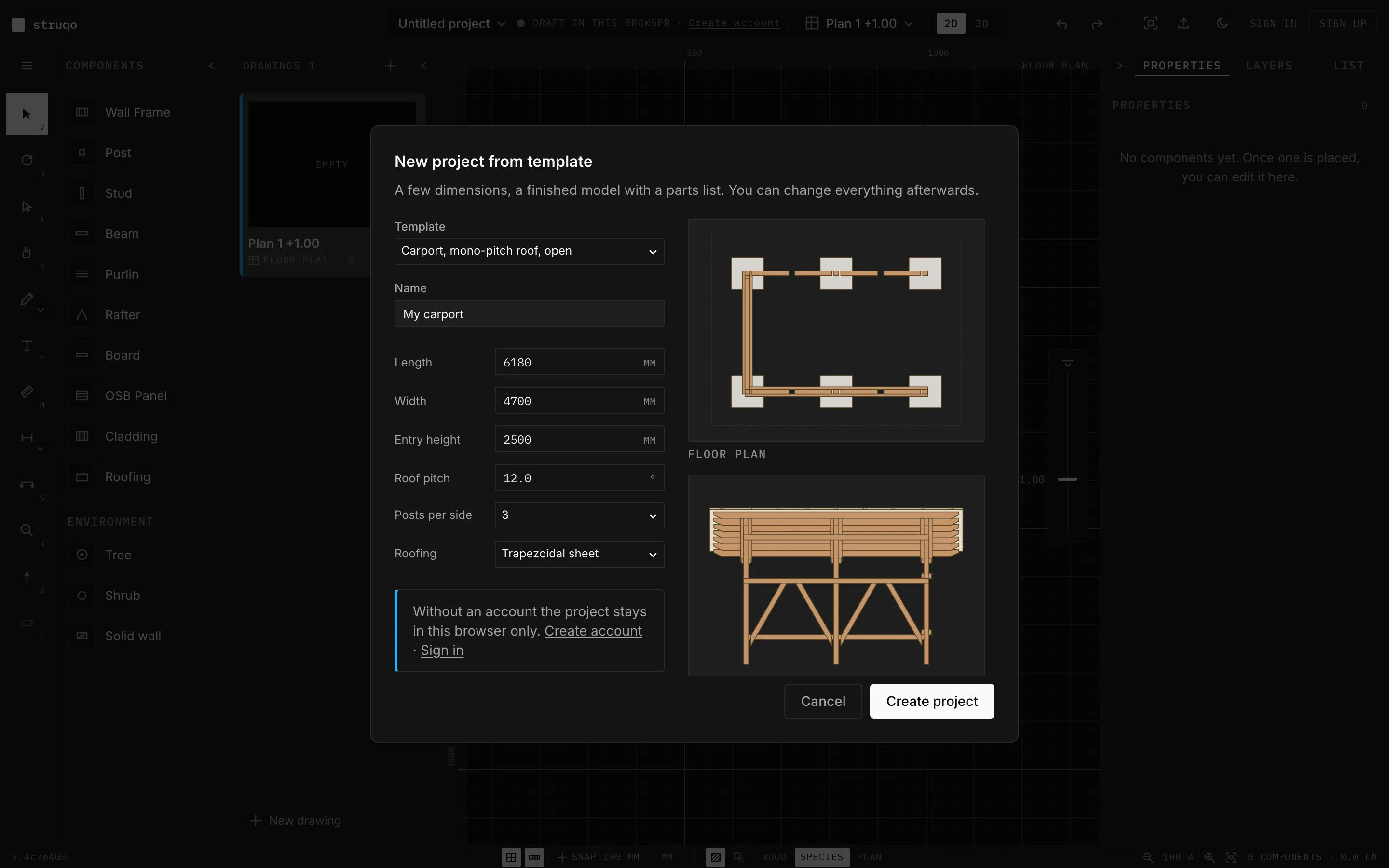 Struqo editor, dialog “New project from template” with the clear passage width and the roof width next to it.