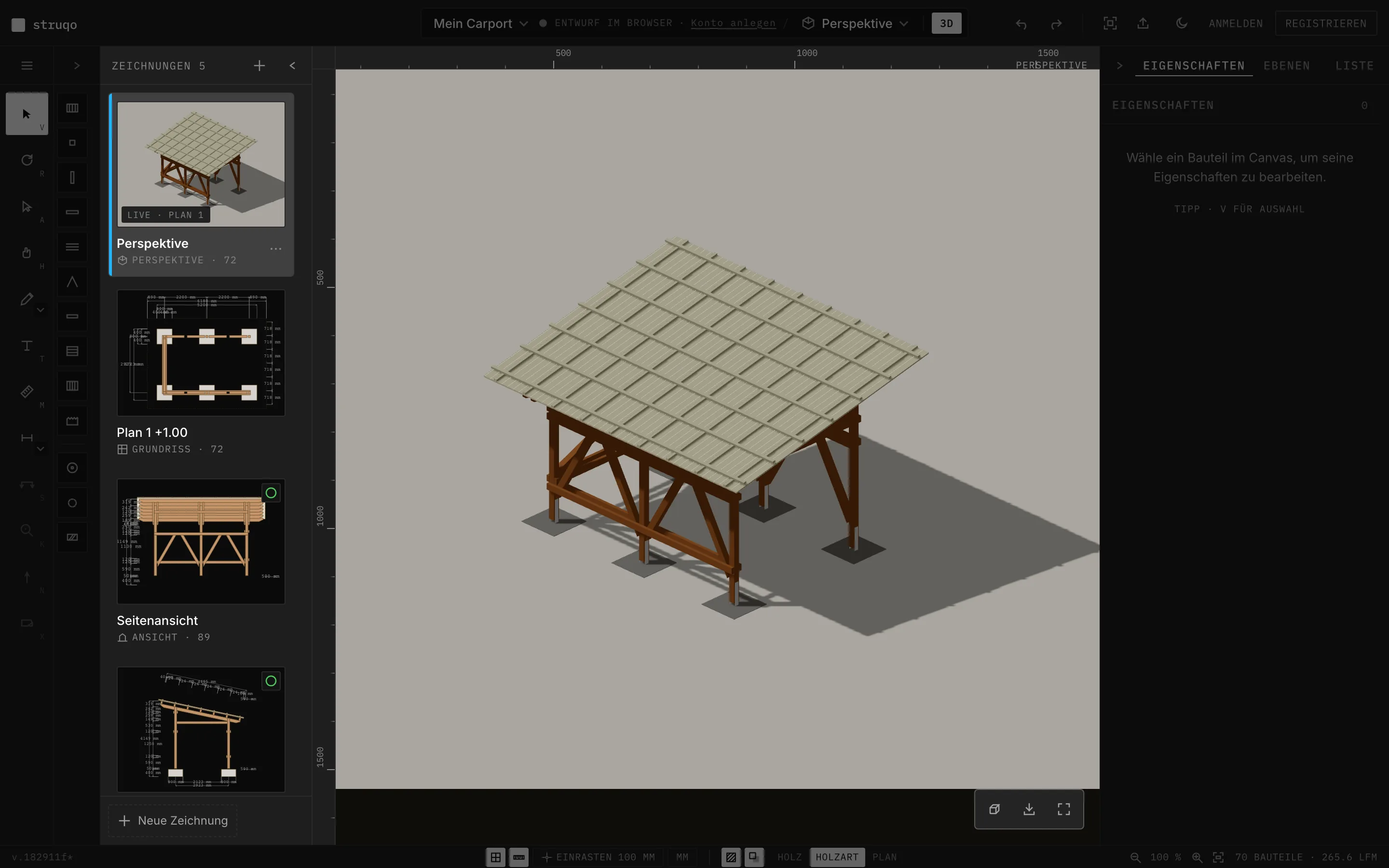 Carport aus der Vorlage im Editor: Perspektive mit Pultdach und Kopfbändern, links die Zeichnungen Grundriss, Seitenansicht und Schnitt.