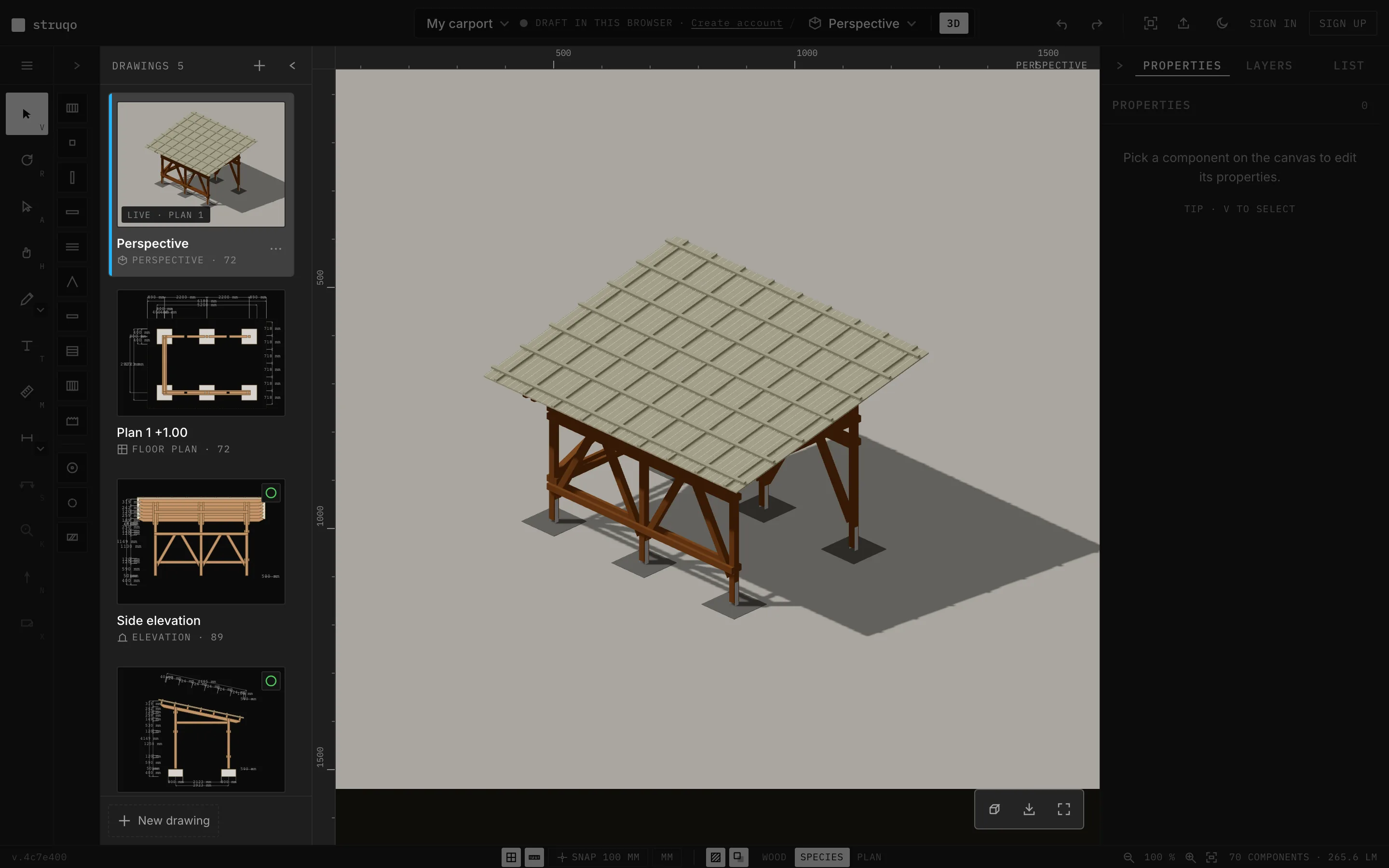 Struqo editor, perspective of a carport from the template with post bases, bracing and roofing.