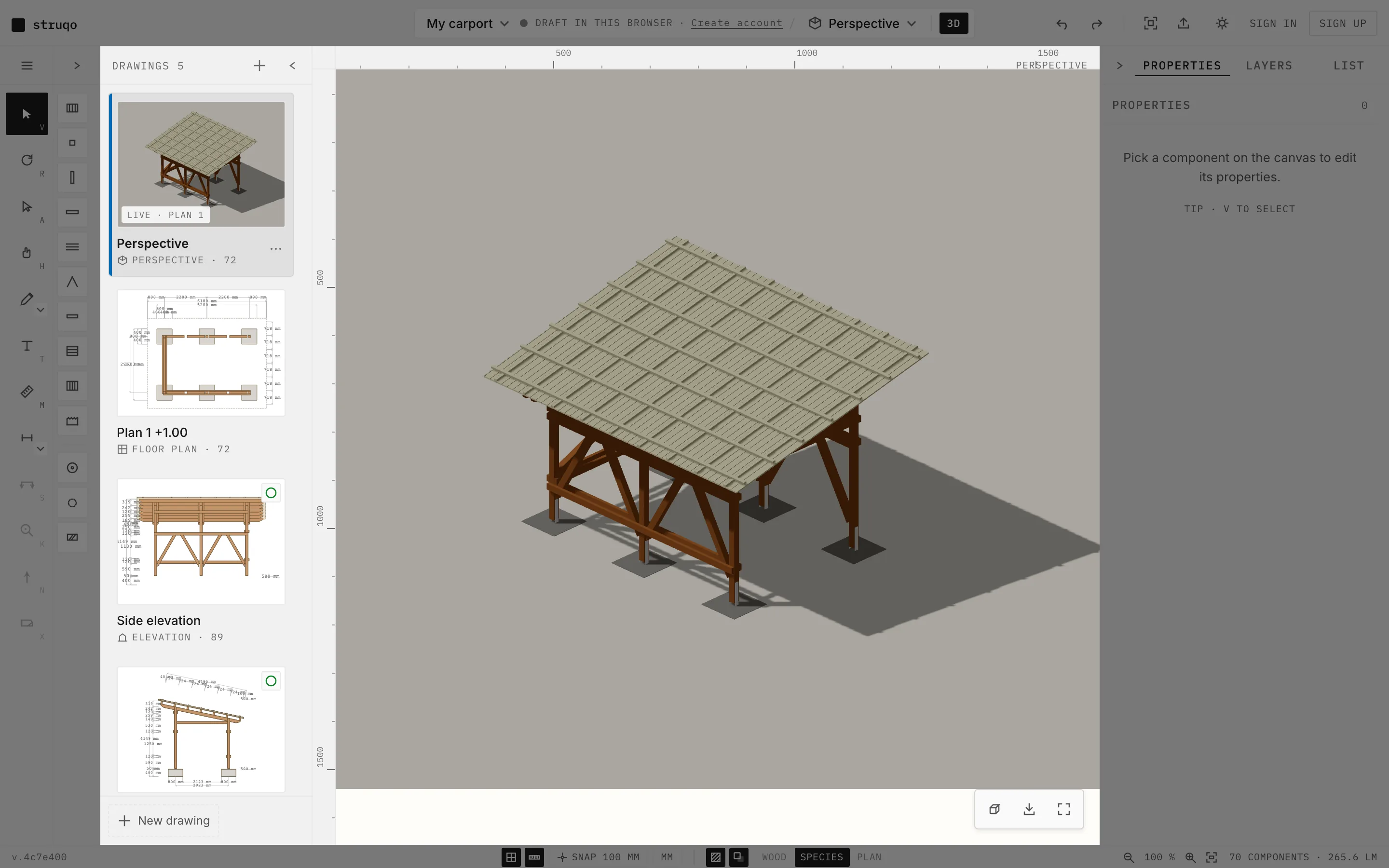 Struqo editor, perspective of a carport from the template with post bases, bracing and roofing.