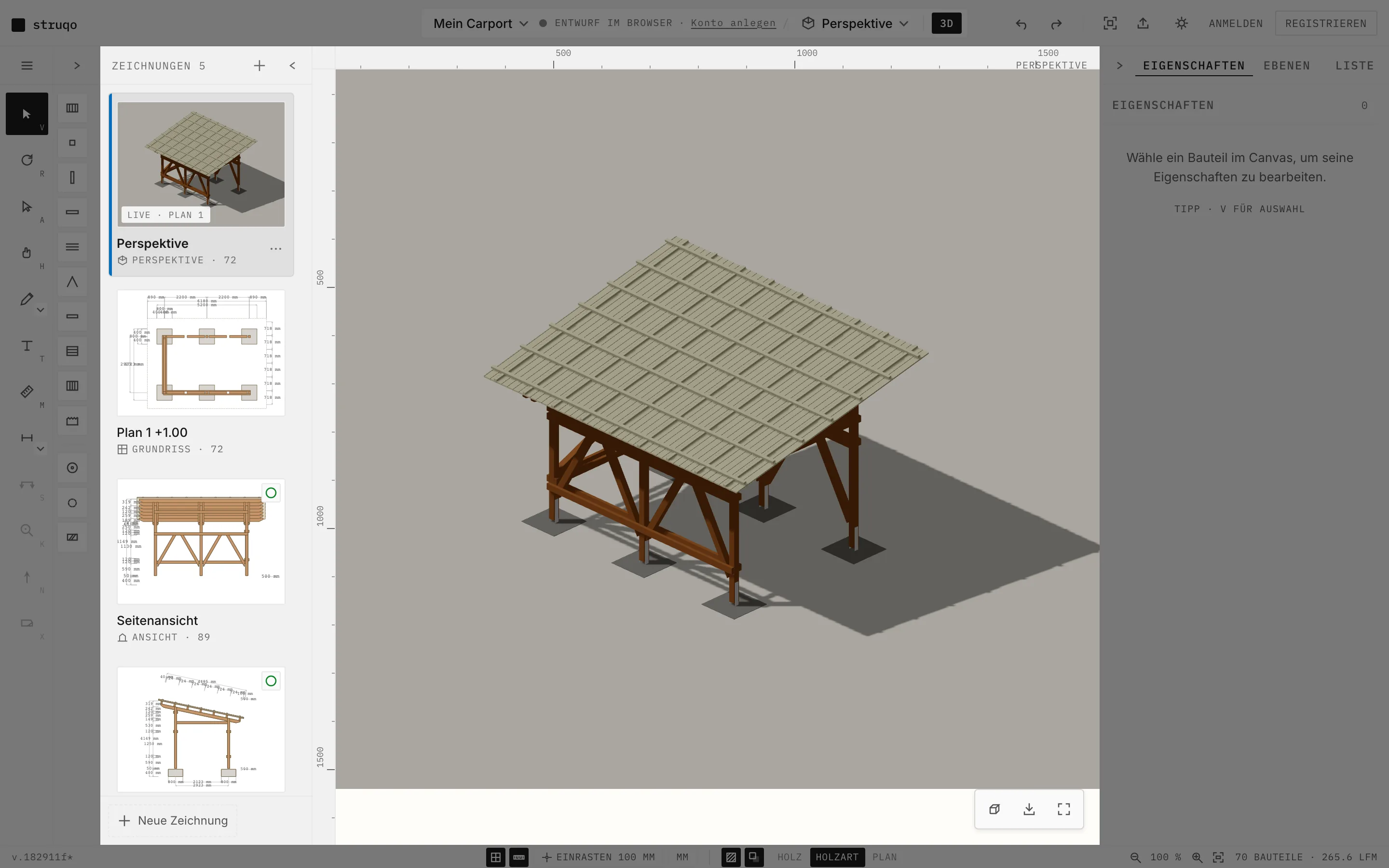 Carport aus der Vorlage im Editor: Perspektive mit Pultdach und Kopfbändern, links die Zeichnungen Grundriss, Seitenansicht und Schnitt.