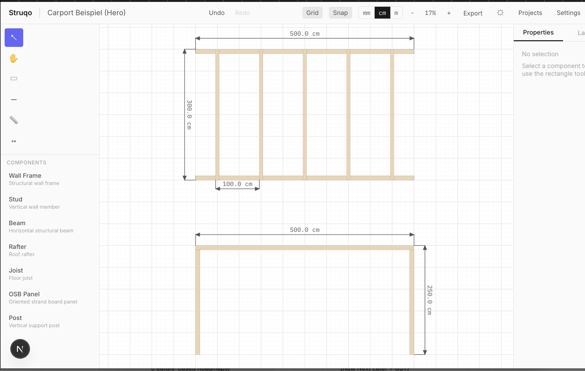 Carport-Beispiel in Struqo: Grundriss und Seitenansicht mit Bemaßungen