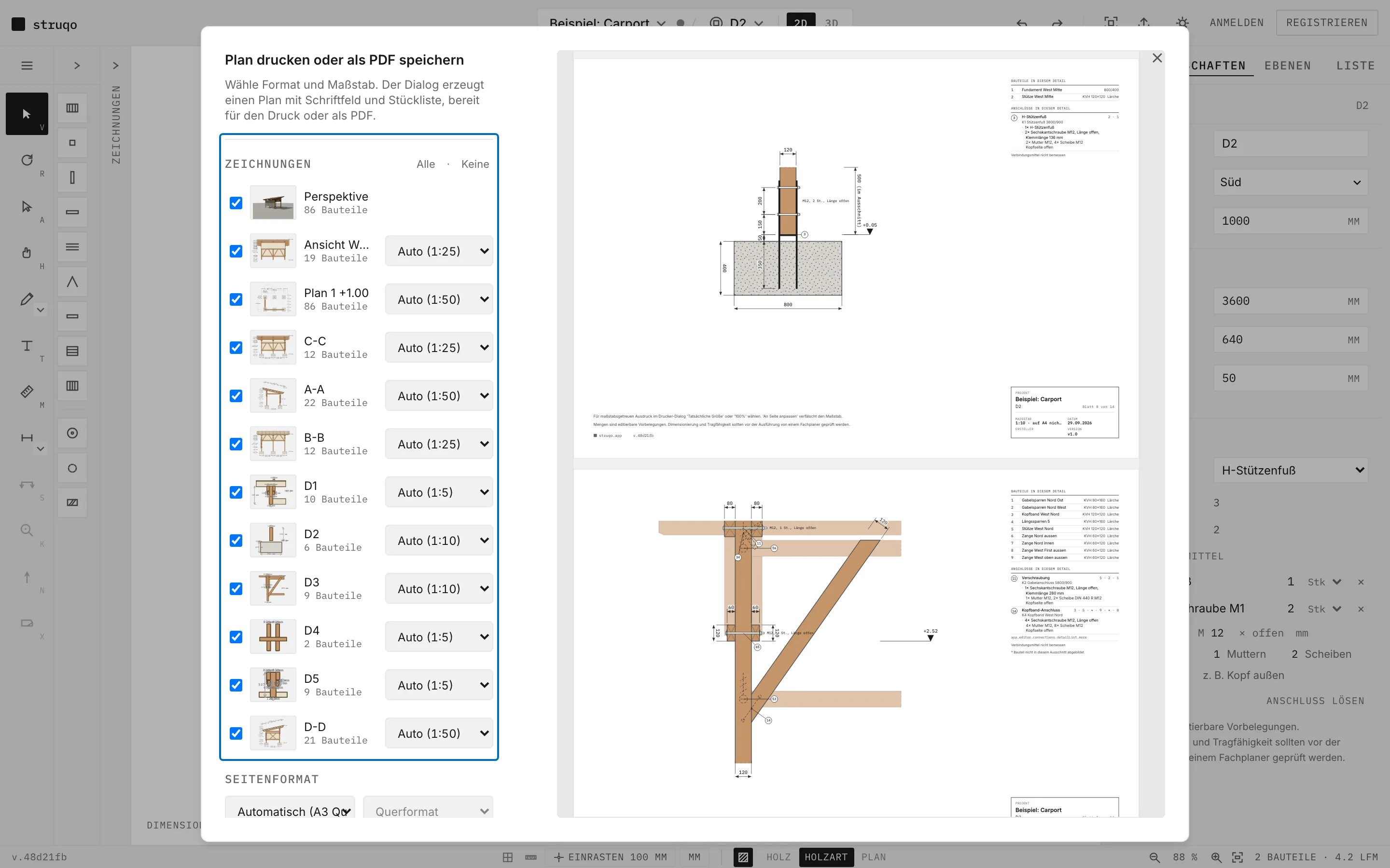 Struqo-Editor mit dem Dialog „Plan drucken oder als PDF speichern“, markiert die Liste der zwölf Zeichnungen mit Häkchen und Maßstab je Zeichnung, rechts die Vorschau der Blätter D2 und D3