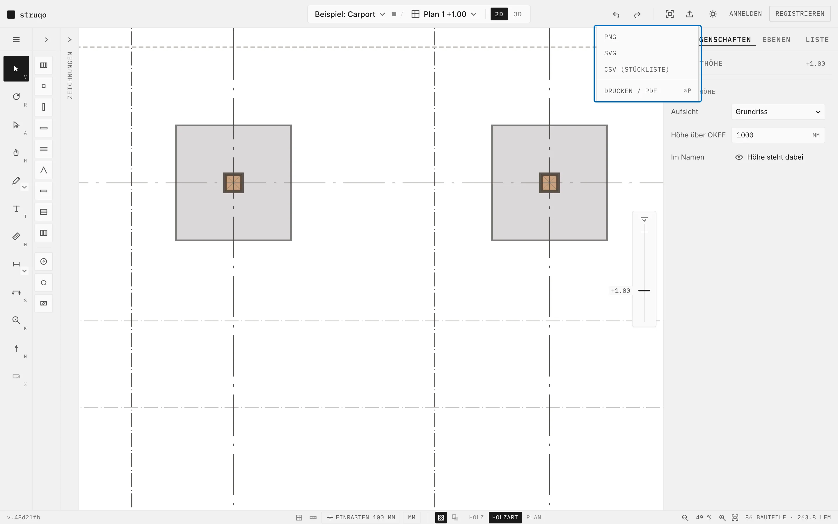 Struqo-Editor, Grundriss des Beispiel-Carports, oben rechts das offene Menü Exportieren, markiert die Einträge PNG, SVG, CSV (Stückliste) und Drucken / PDF