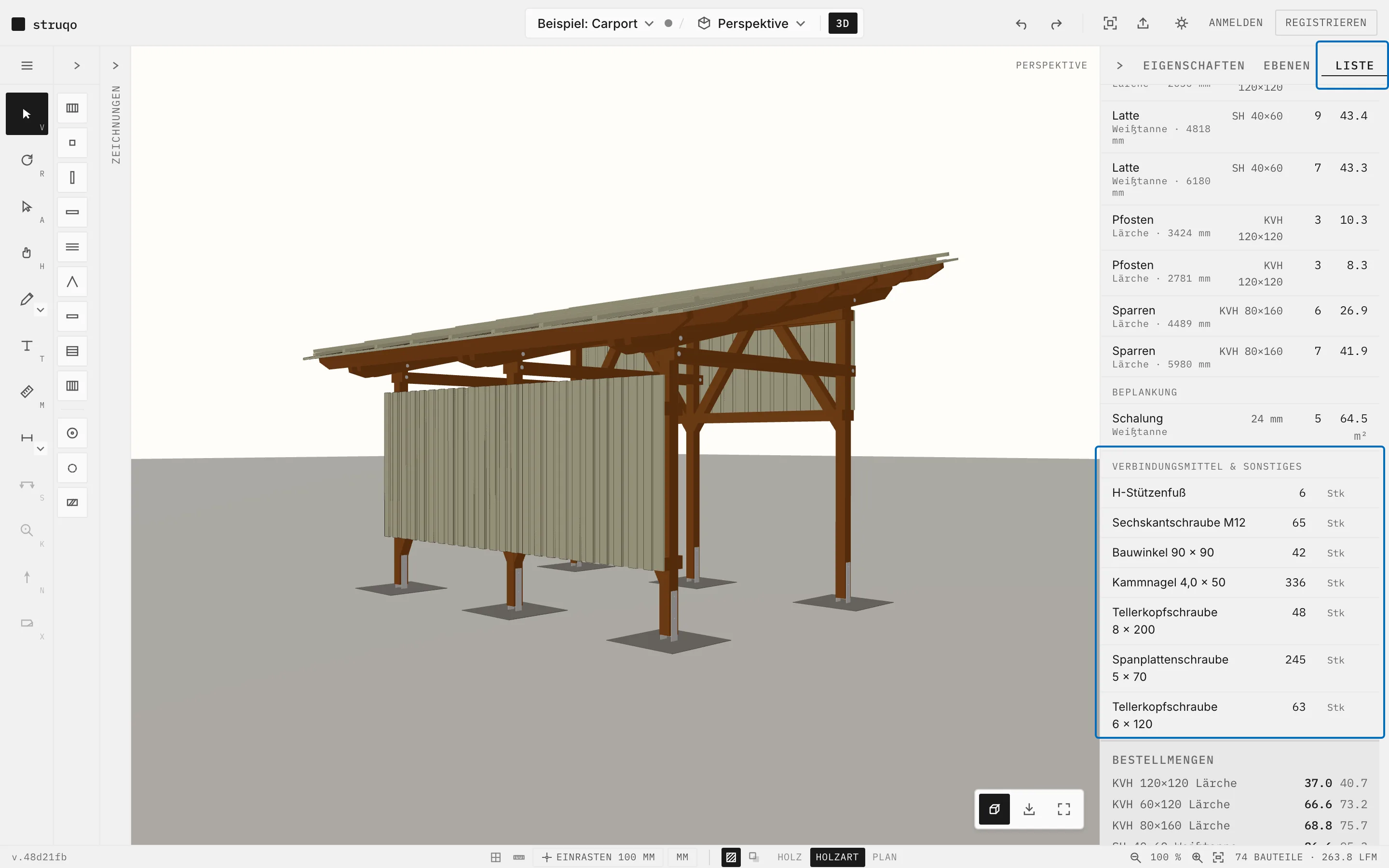 Struqo-Editor, Perspektive des Beispiel-Carports, rechts der Reiter Liste, markiert der Reiter und die Verbindungsmittel vom H-Stützenfuß bis zur Tellerkopfschraube 6 × 120