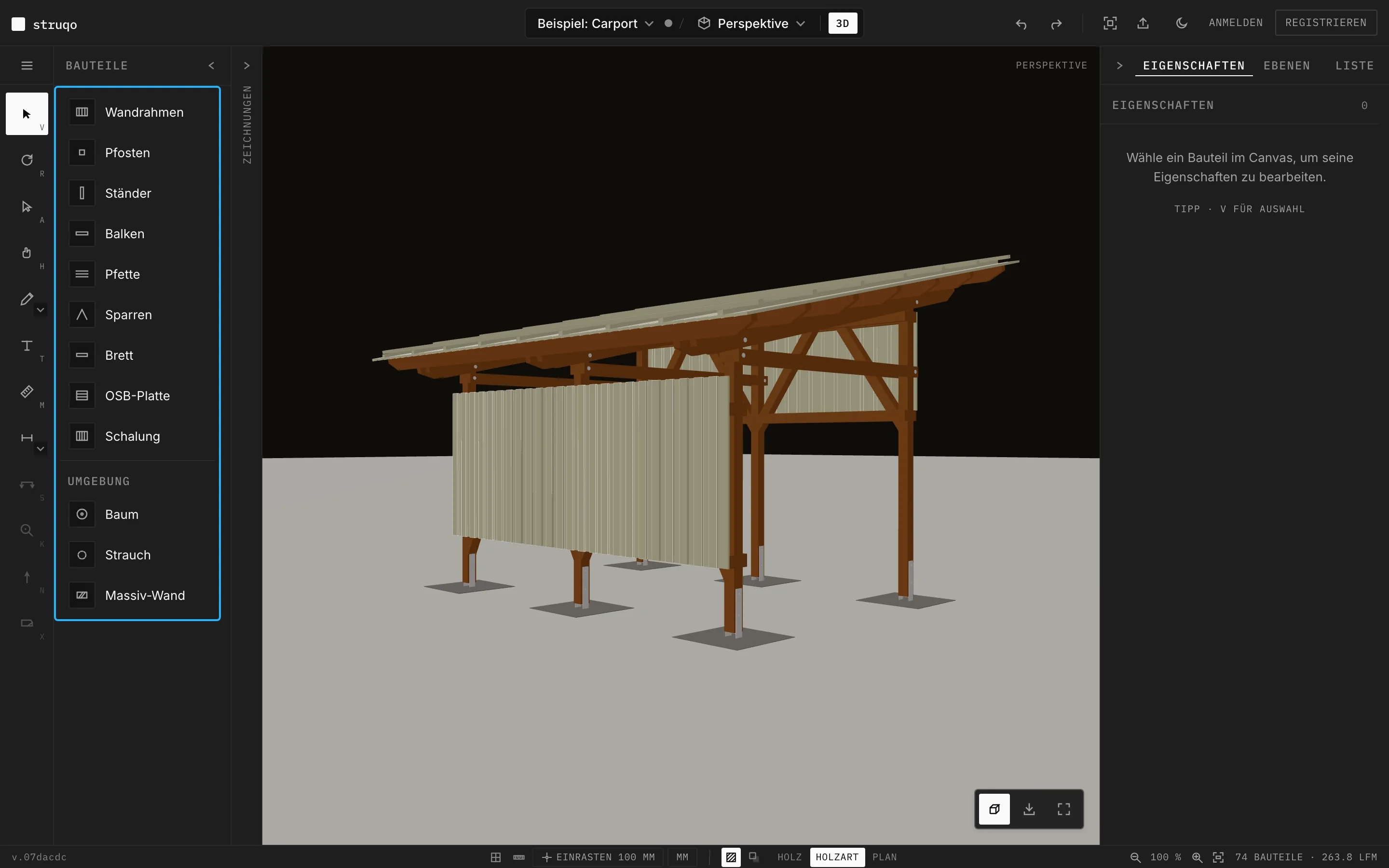 Struqo-Editor, Perspektive des Beispiel-Carports, links markiert die Bauteil-Leiste mit allen zwölf Einträgen