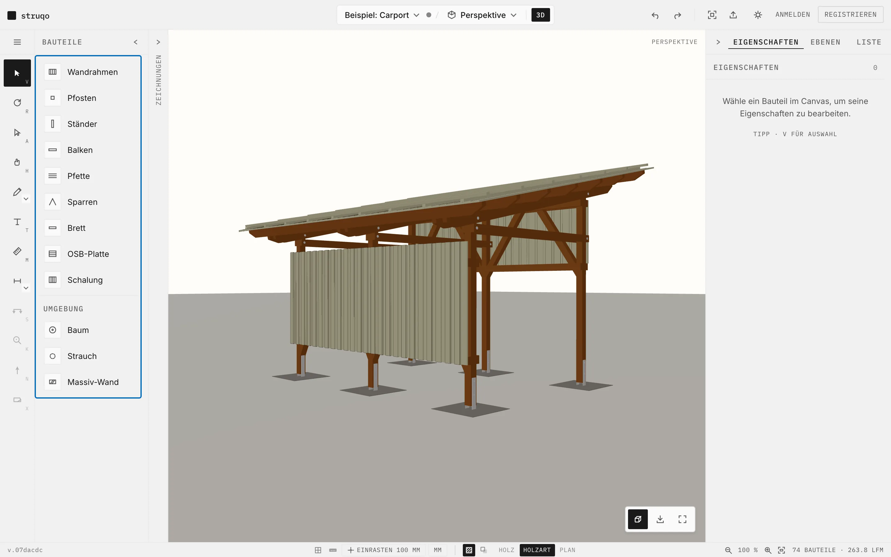 Struqo-Editor, Perspektive des Beispiel-Carports, links markiert die Bauteil-Leiste mit allen zwölf Einträgen