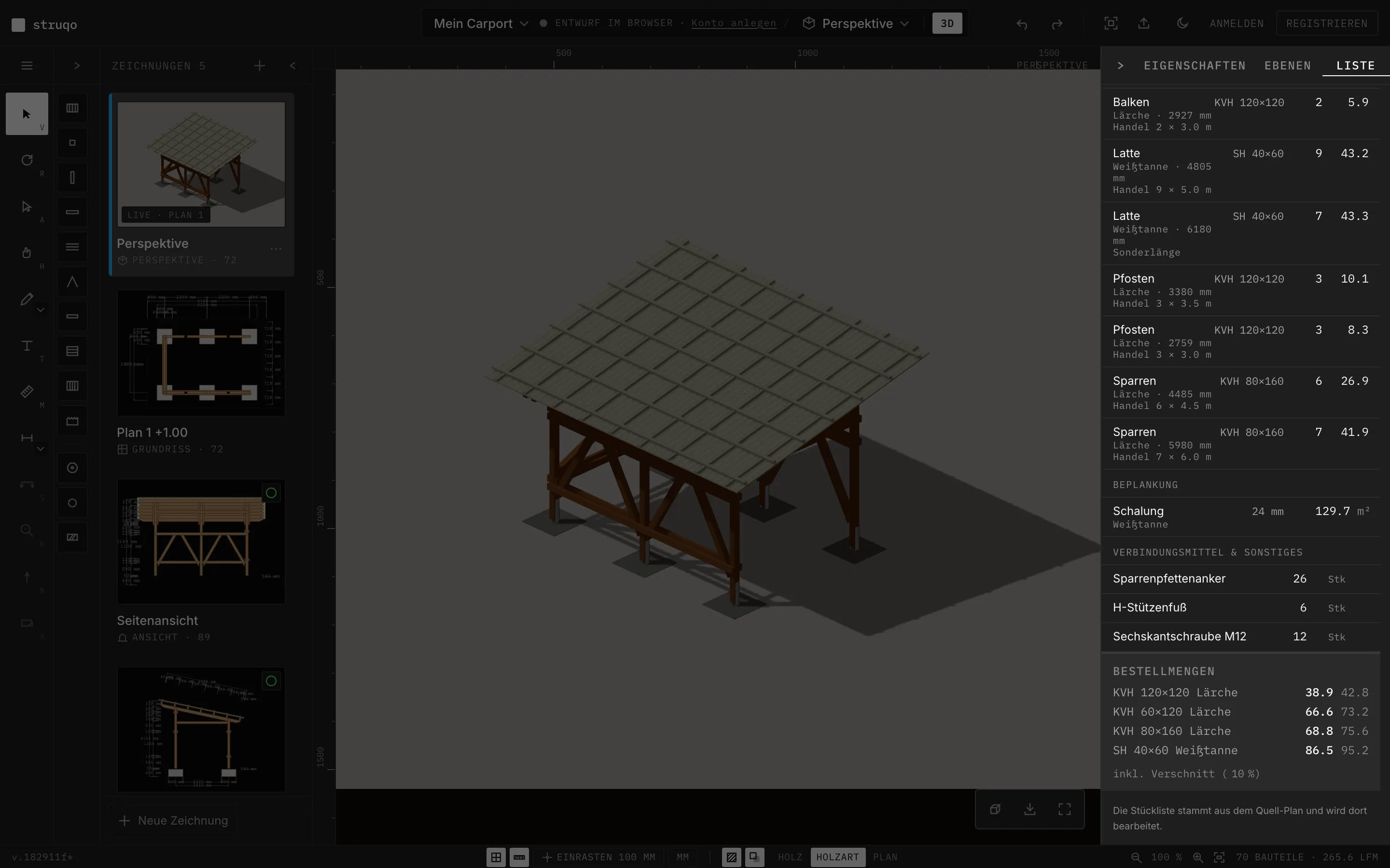 Struqo-Editor, Tab Liste: die Stückliste des Carports mit Querschnitten, Holzarten, Stützenfüßen und Schrauben