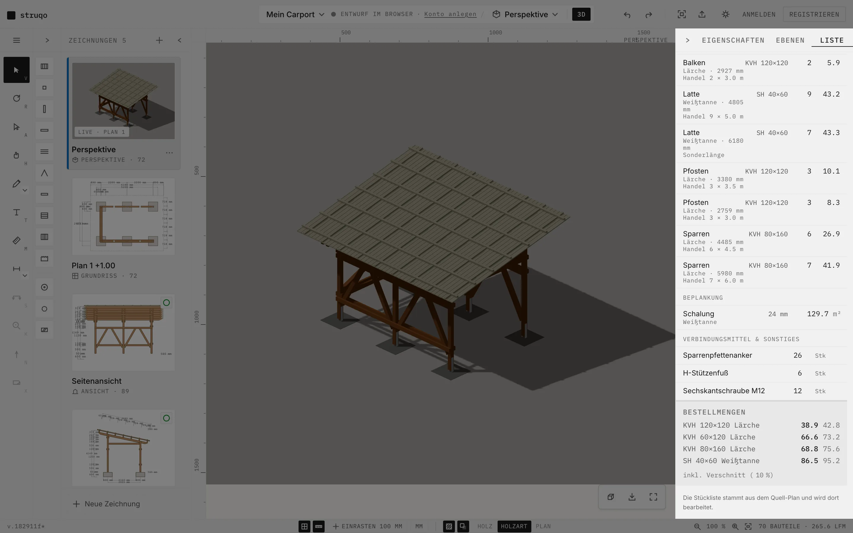 Struqo-Editor, Tab Liste: die Stückliste des Carports mit Querschnitten, Holzarten, Stützenfüßen und Schrauben