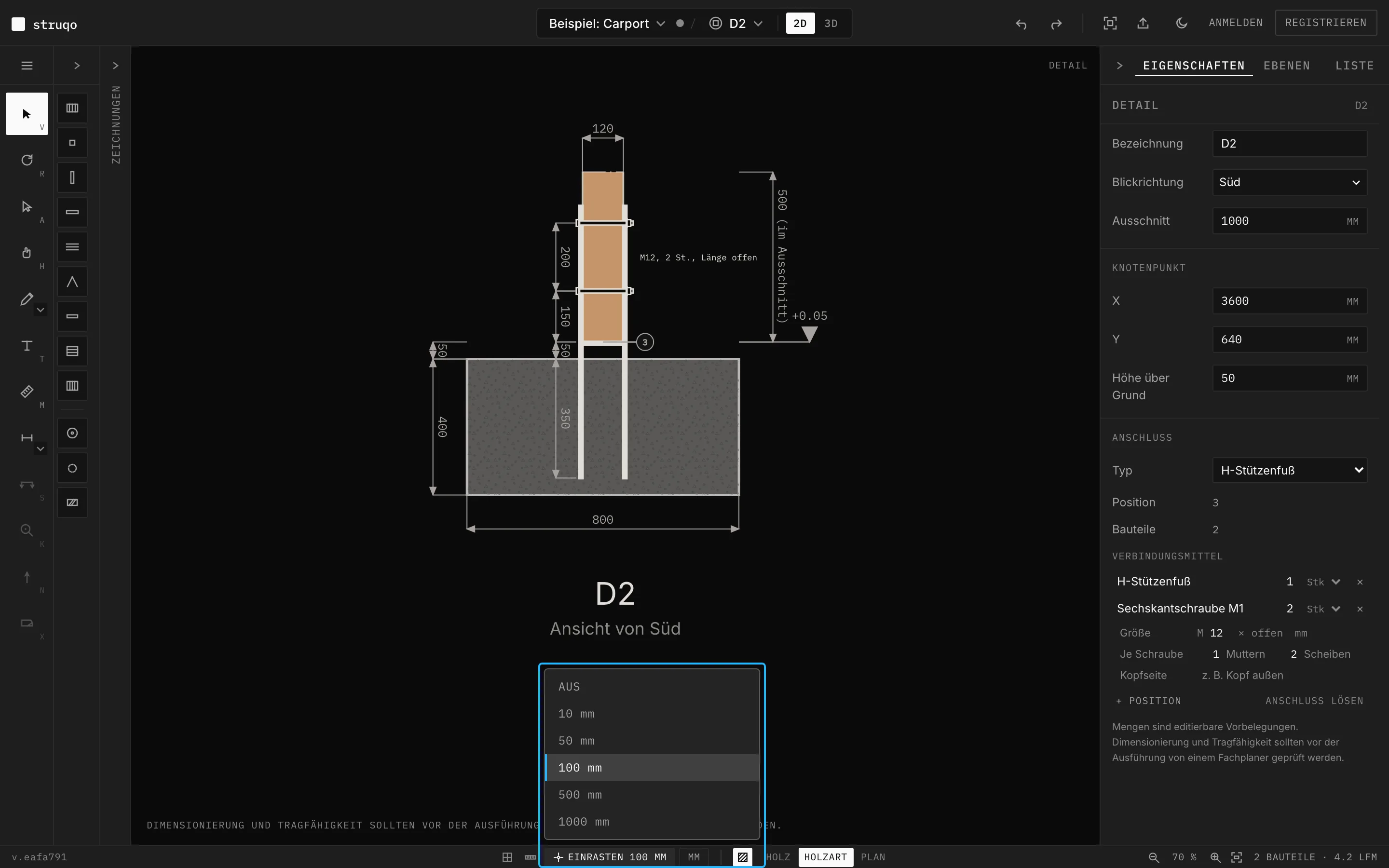 Struqo-Editor, Detail D2 in 2D: markiert der Schalter Einrasten in der Statusleiste mit den offenen Stufen Aus, 10, 50, 100, 500 und 1000 mm