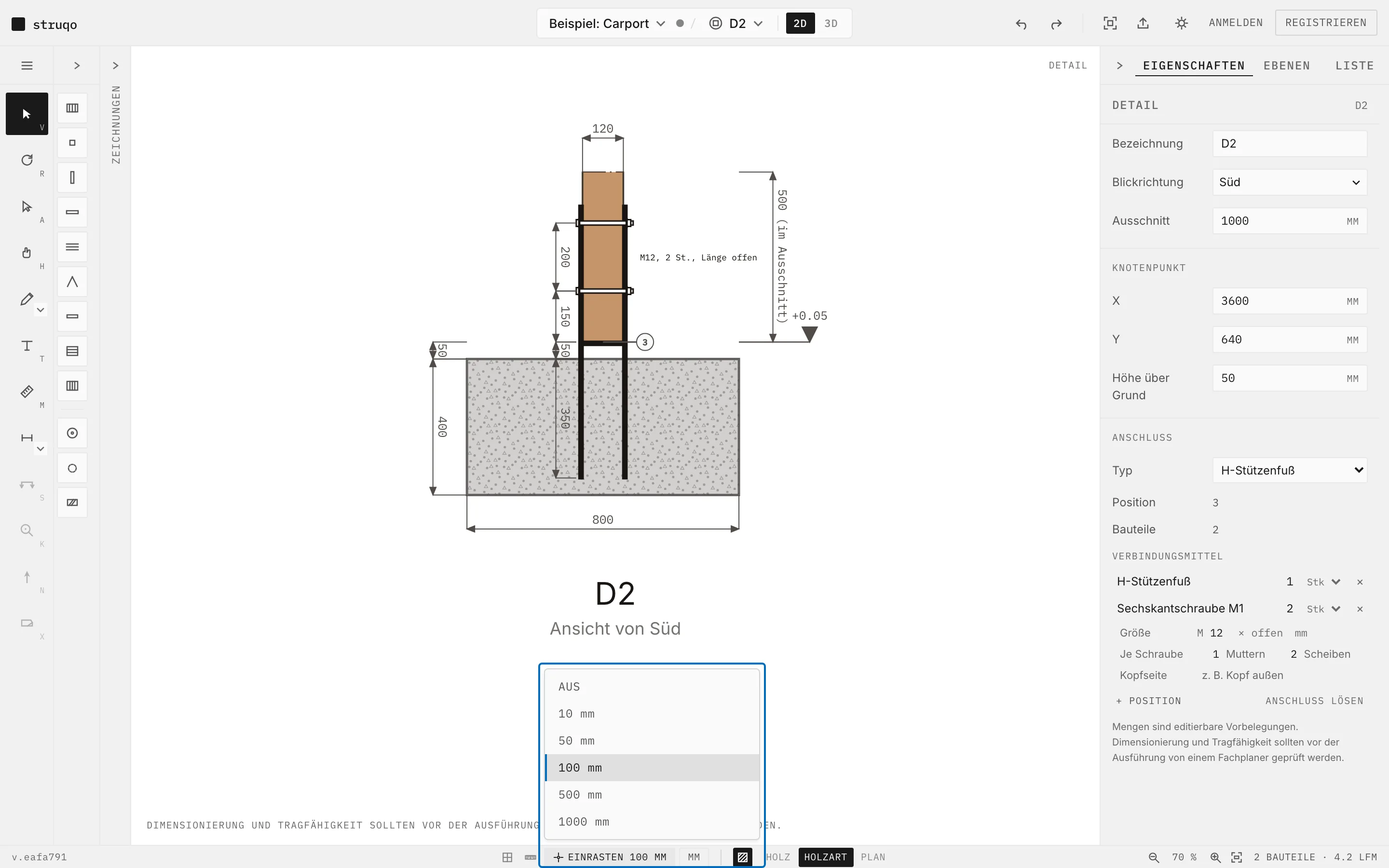 Struqo-Editor, Detail D2 in 2D: markiert der Schalter Einrasten in der Statusleiste mit den offenen Stufen Aus, 10, 50, 100, 500 und 1000 mm