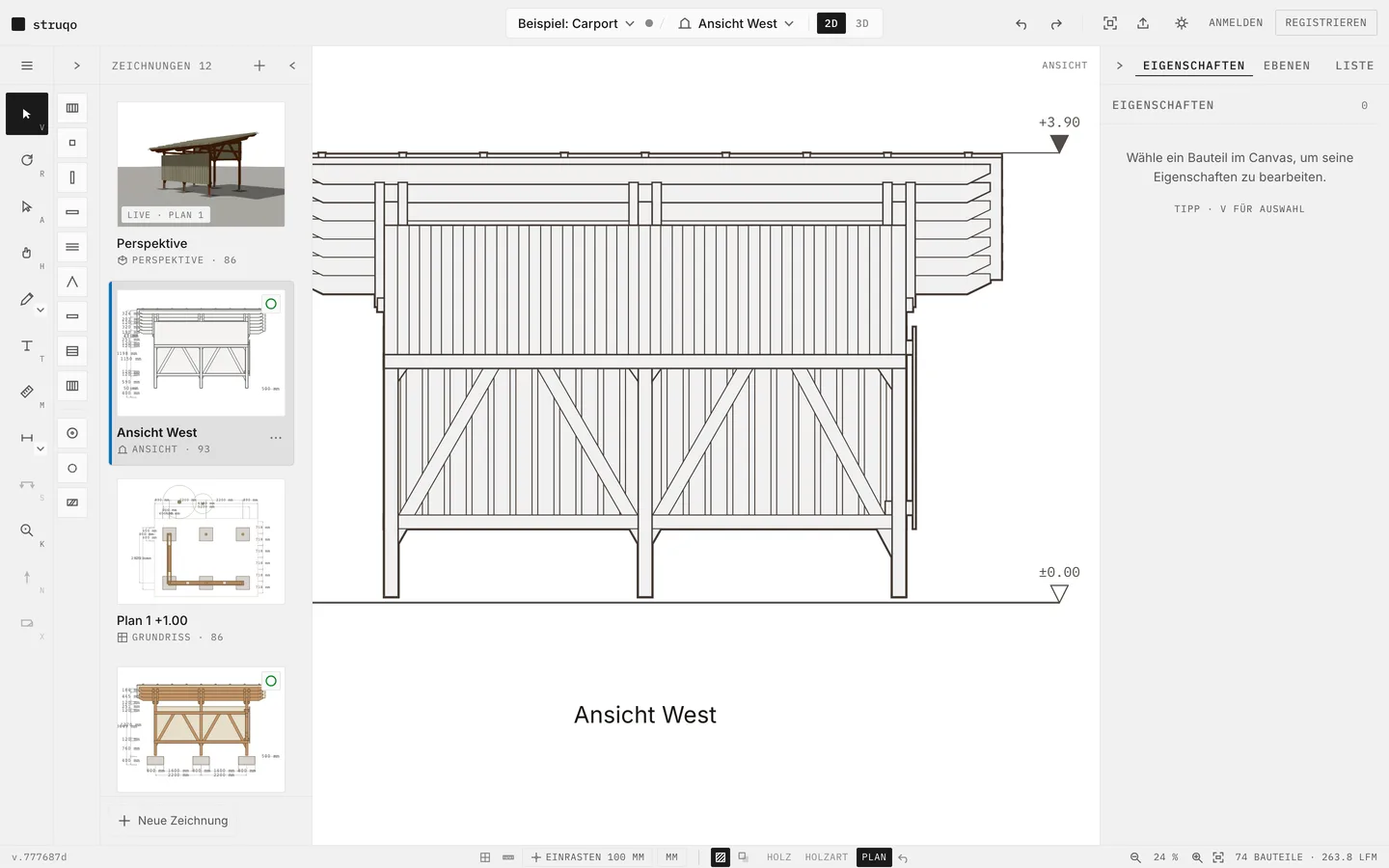 Ansicht West des Carports in Plan-Optik, mit Verdeckung und Höhenkoten