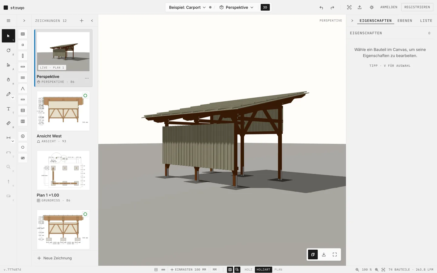 Beispiel-Carport in der Perspektive, Darstellung Holzart, Zeichnungen-Leiste aufgeklappt