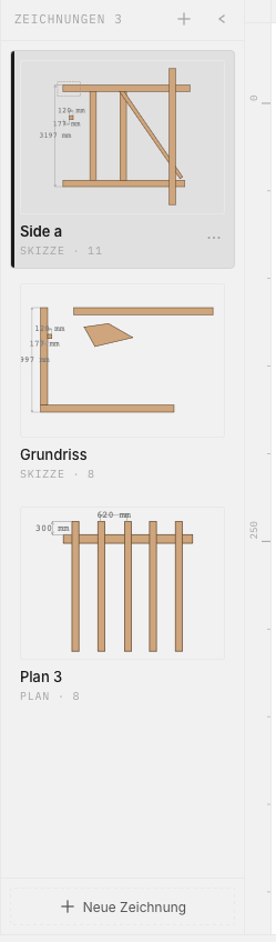 Zeichnungen-Sidebar mit drei Ansichten eines Bauvorhabens