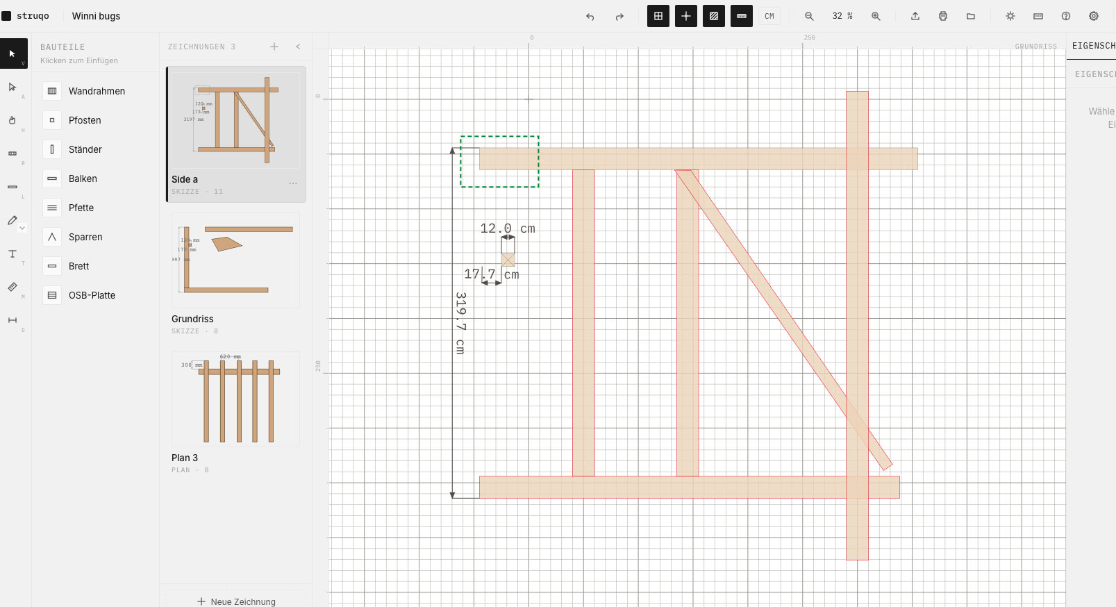 Der Struqo-Editor mit der Bauteil-Palette links, drei Zeichnungen in der Sidebar und einem bemaßten Holzrahmen auf der Zeichenfläche