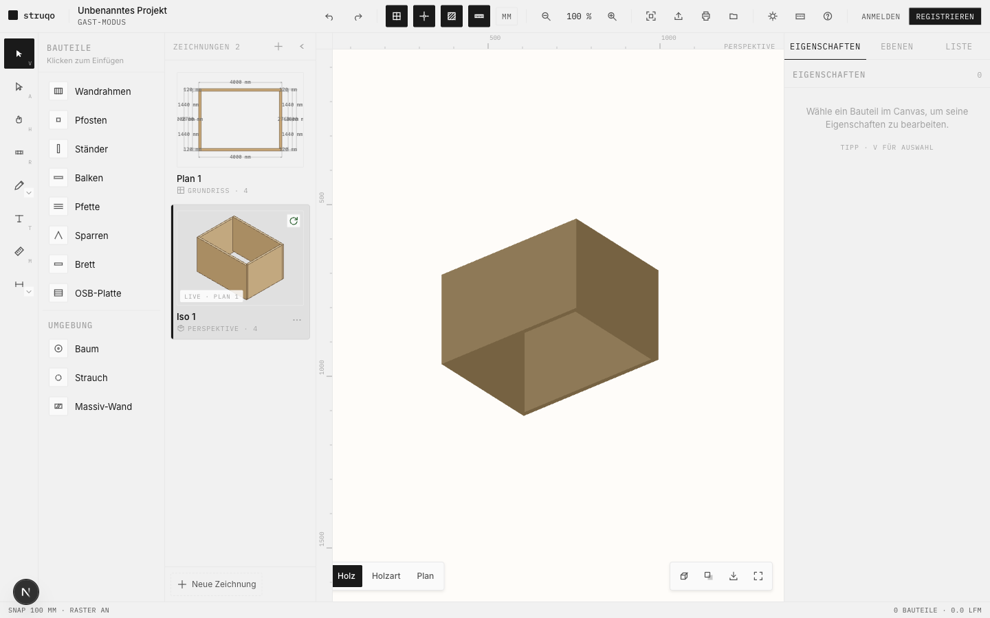 Der 3D-Perspektive-Viewport im Struqo-Editor mit einem Holzrahmen und der Beschriftung PERSPEKTIVE